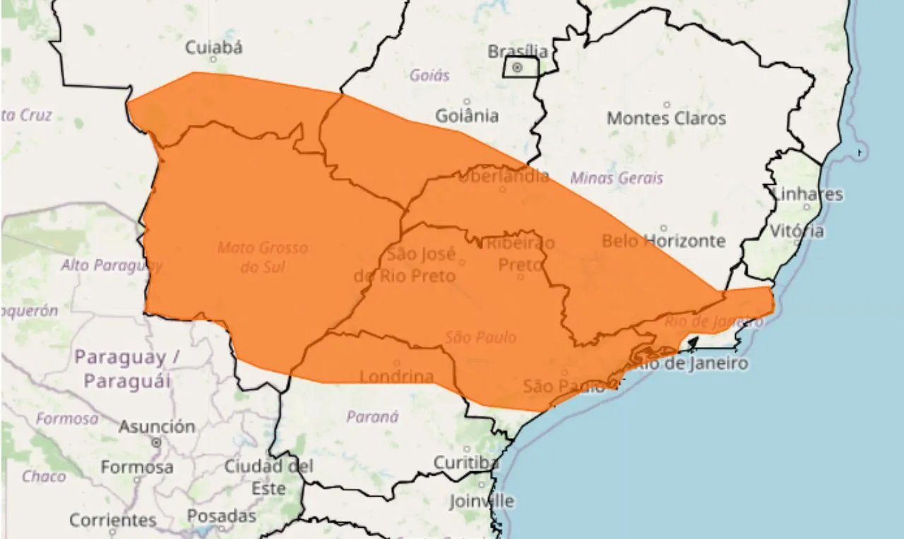 o mapa mostras as áreas em alerta para temporais 